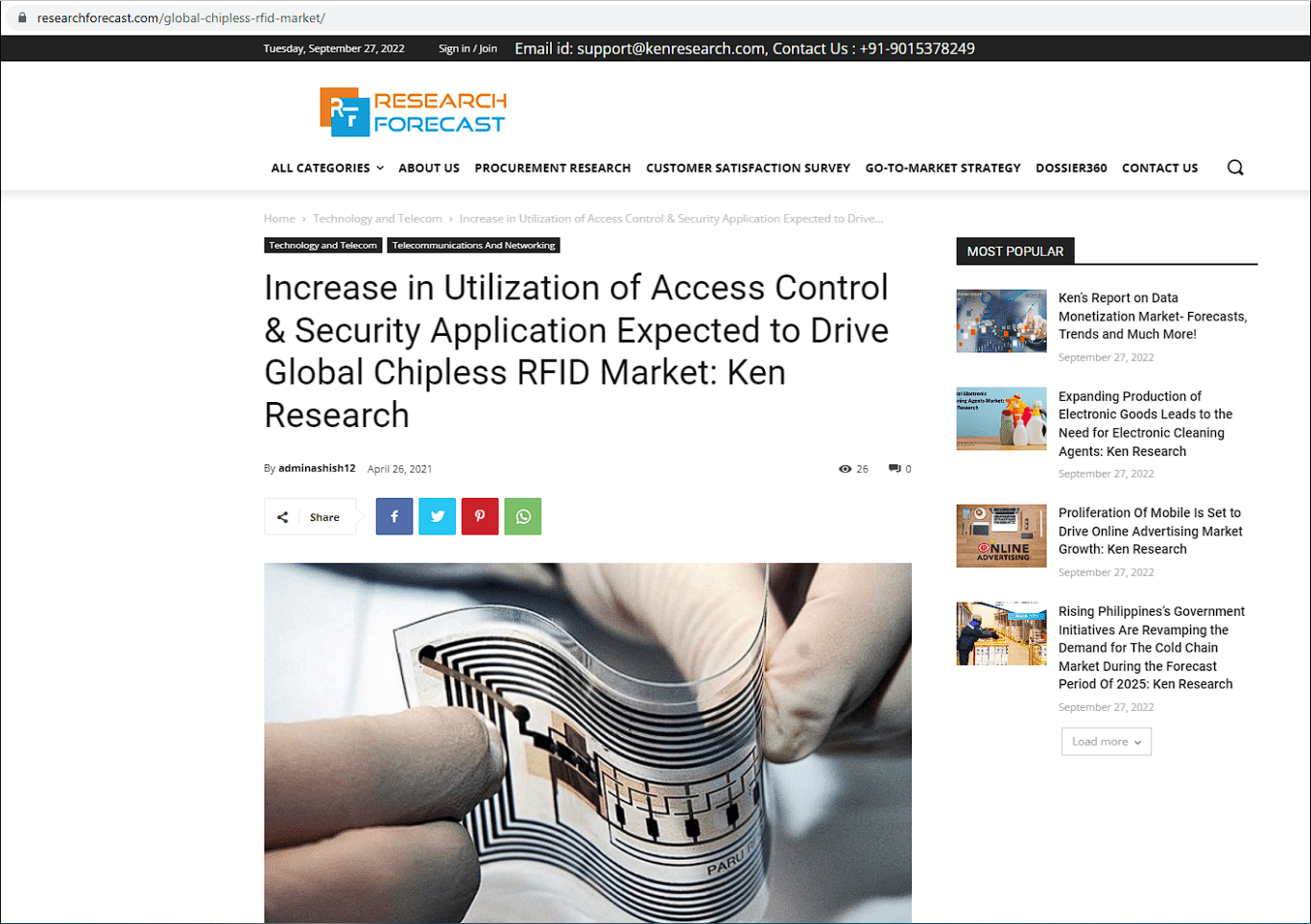 访问控制和安全应用的增加有望推动全球无芯片 RFID 市场: Ken Research