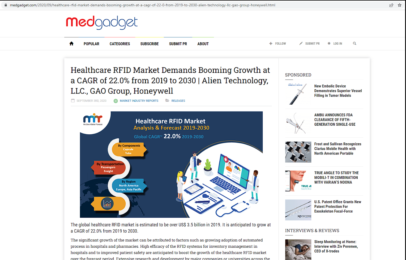 医疗保健RFID市场要求2019年至2030年CAGR增长22.0%|Alien Technology LLC.，GAO Group，霍尼韦尔