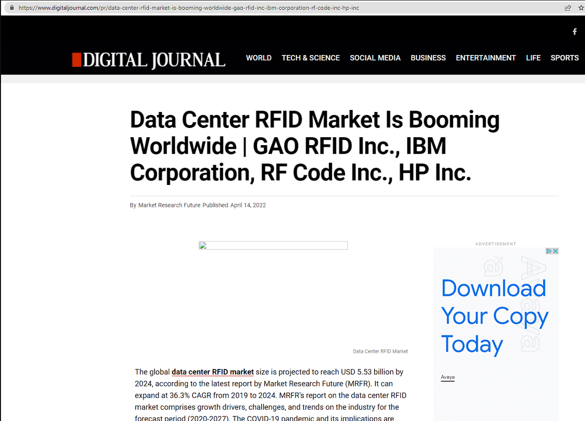 数据中心 RFID 市场在全球蓬勃发展 | GAO RFID 公司，IBM 公司，RF Code 公司，HP 公司。