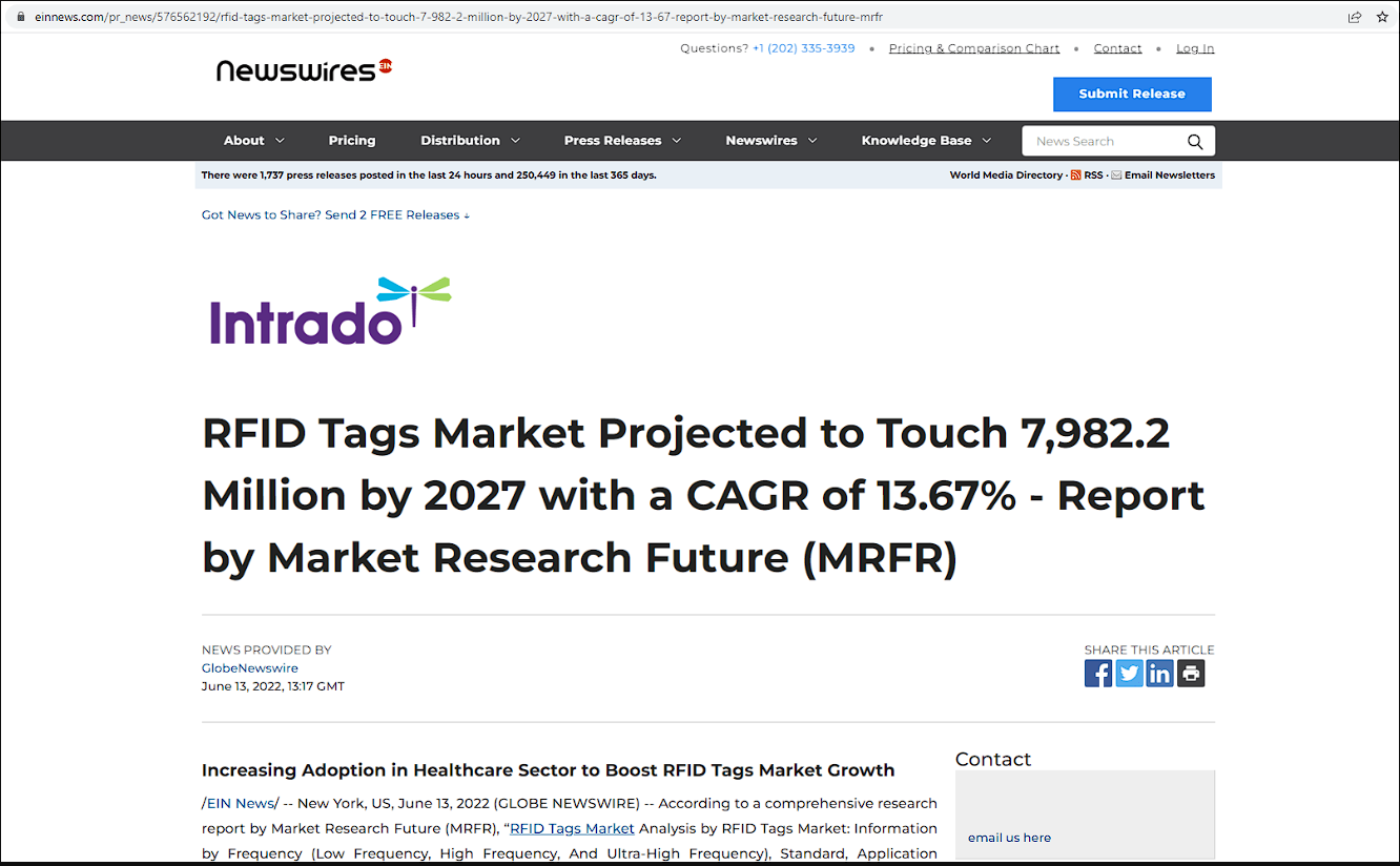 预计到2027年，RFID 标签市场将接触79.822亿个标签，复合年增长率为13.67% ——市场研究未来(MRFR)报告