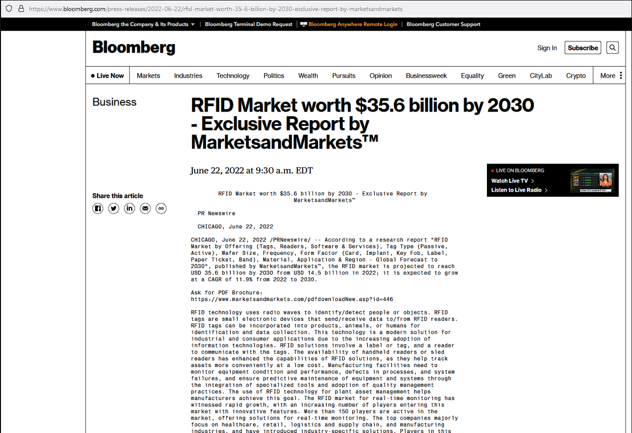 根据 MarketsandMarketsTM 发布的一份研究报告《 RFID 市场的供应(标签、读取器、软件和服务)、标签类型(被动、主动)、晶圆尺寸、频率、形状因子(卡片、植入器、钥匙卡、标签、纸质票据、带子)、材料、应用和区域——2030年的全球预测》 ，预计到2030年，RFID 市场将从2022年的145亿美元增长到356亿美元; 预计从2022年到2030年，复合年增长率将达到11.9%