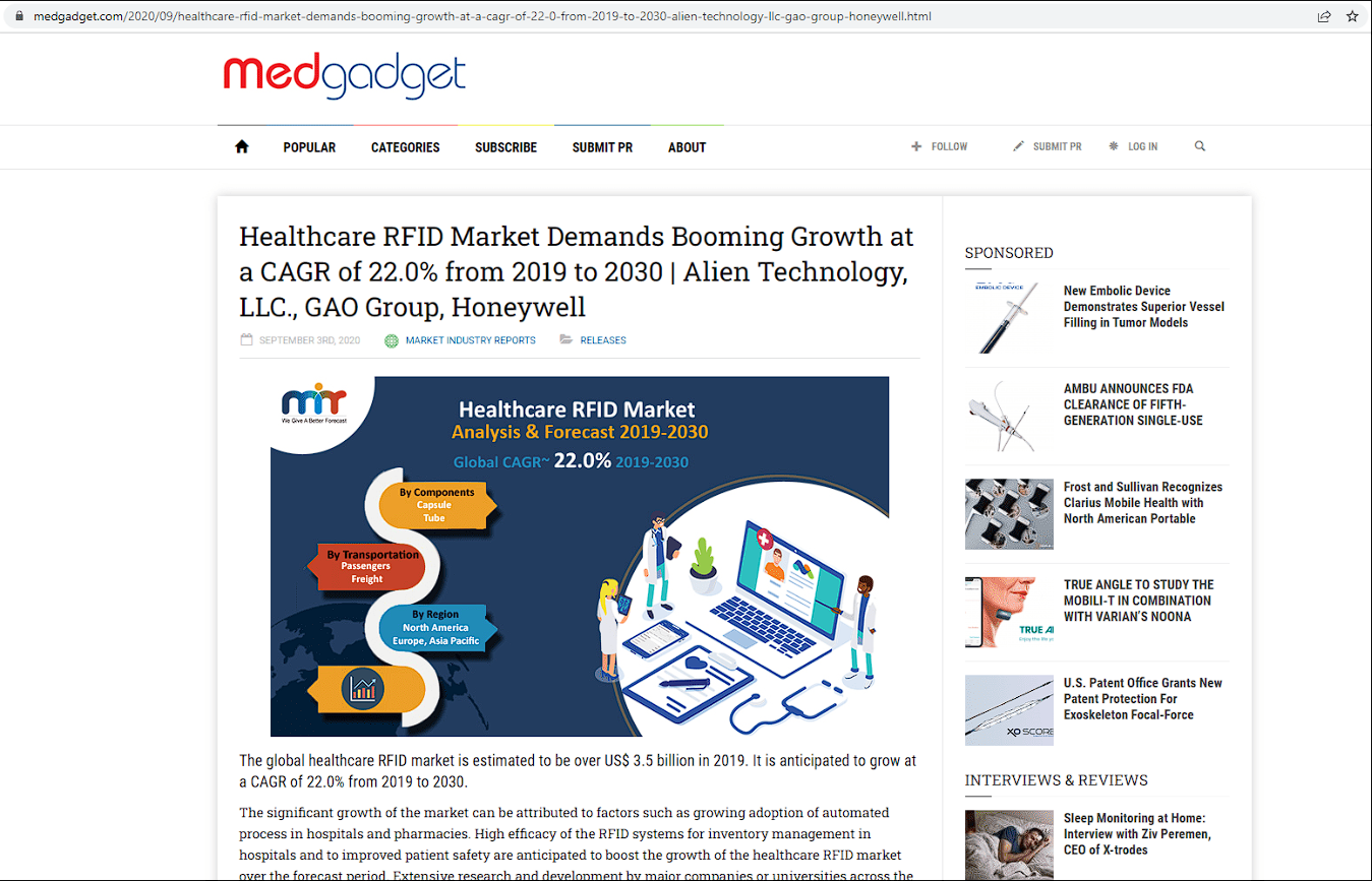 2019-2030年医疗 RFID 市场复合年增长率为22.0%