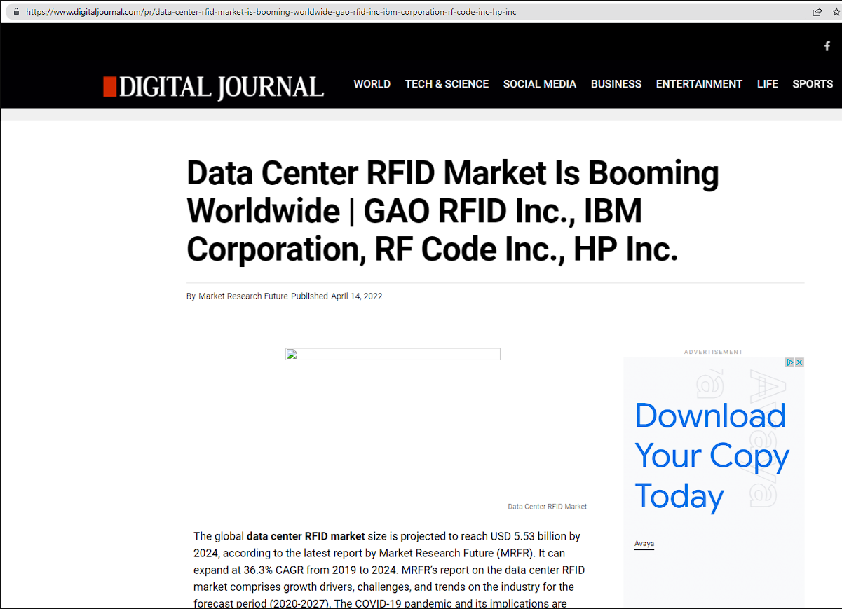 数据中心 RFID 市场在全球蓬勃发展 | GAO RFID 公司，IBM 公司，RF Code 公司，HP 公司