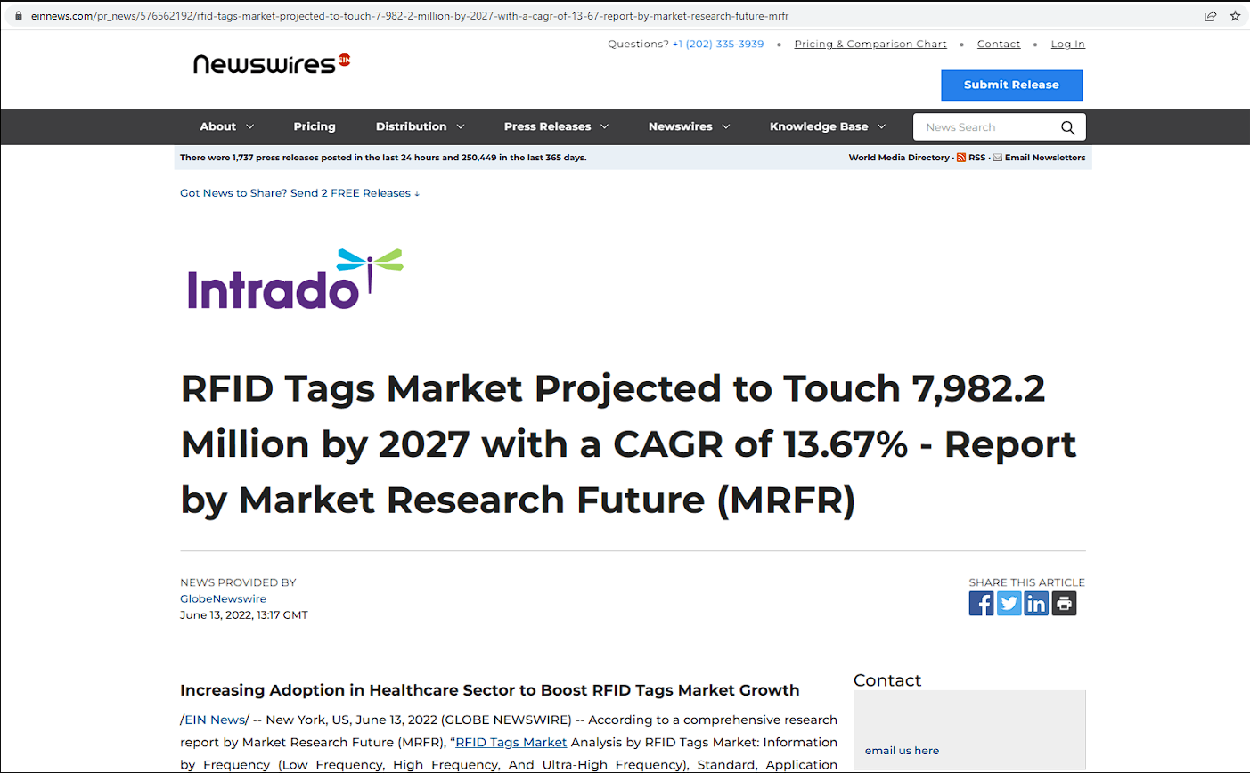 预计到 2027 年，RFID 标签市场将接触 79.822 亿个标签，复合年增长率为 13.67% —— 市场研究未来 (MRFR) 报告