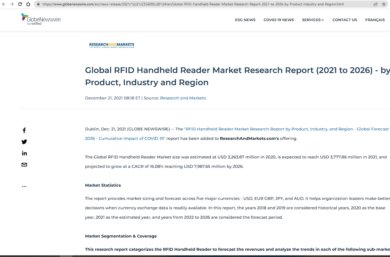 本研究报告对 RFID 手持阅读器进行了分类，以预测收入并分析以下每个子市场的趋势： 以产品为基础，对 HF RFID 阅读器、 LF RFID 阅读器、 MW RFID 阅读器和 UHF RFID 阅读器的市场进行了研究