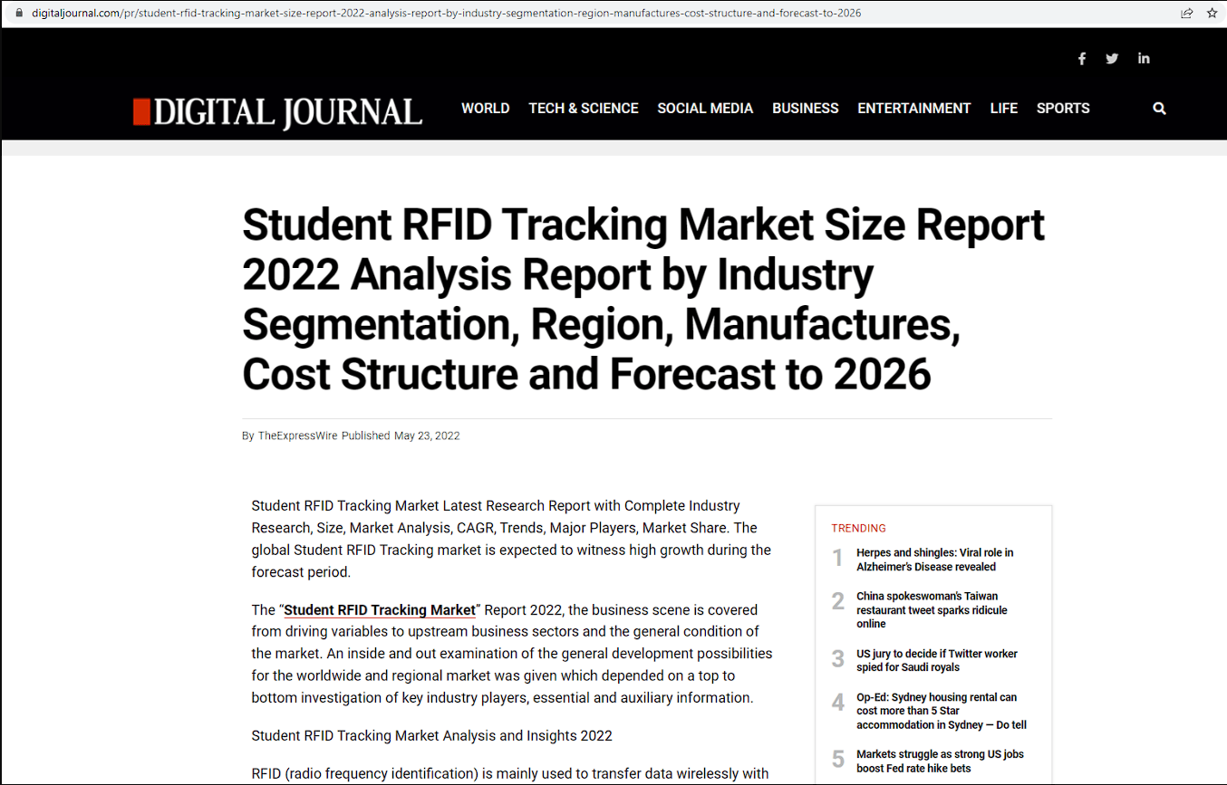 学生 RFID 跟踪市场规模报告 2022 年行业细分、地区、制造业、成本结构及 2026 年预测分析报告