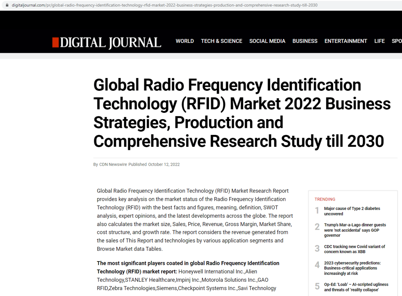 全球无线电频率识别技术(签)市场2022年的业务战略、生产和全面的调查研究，直到2030