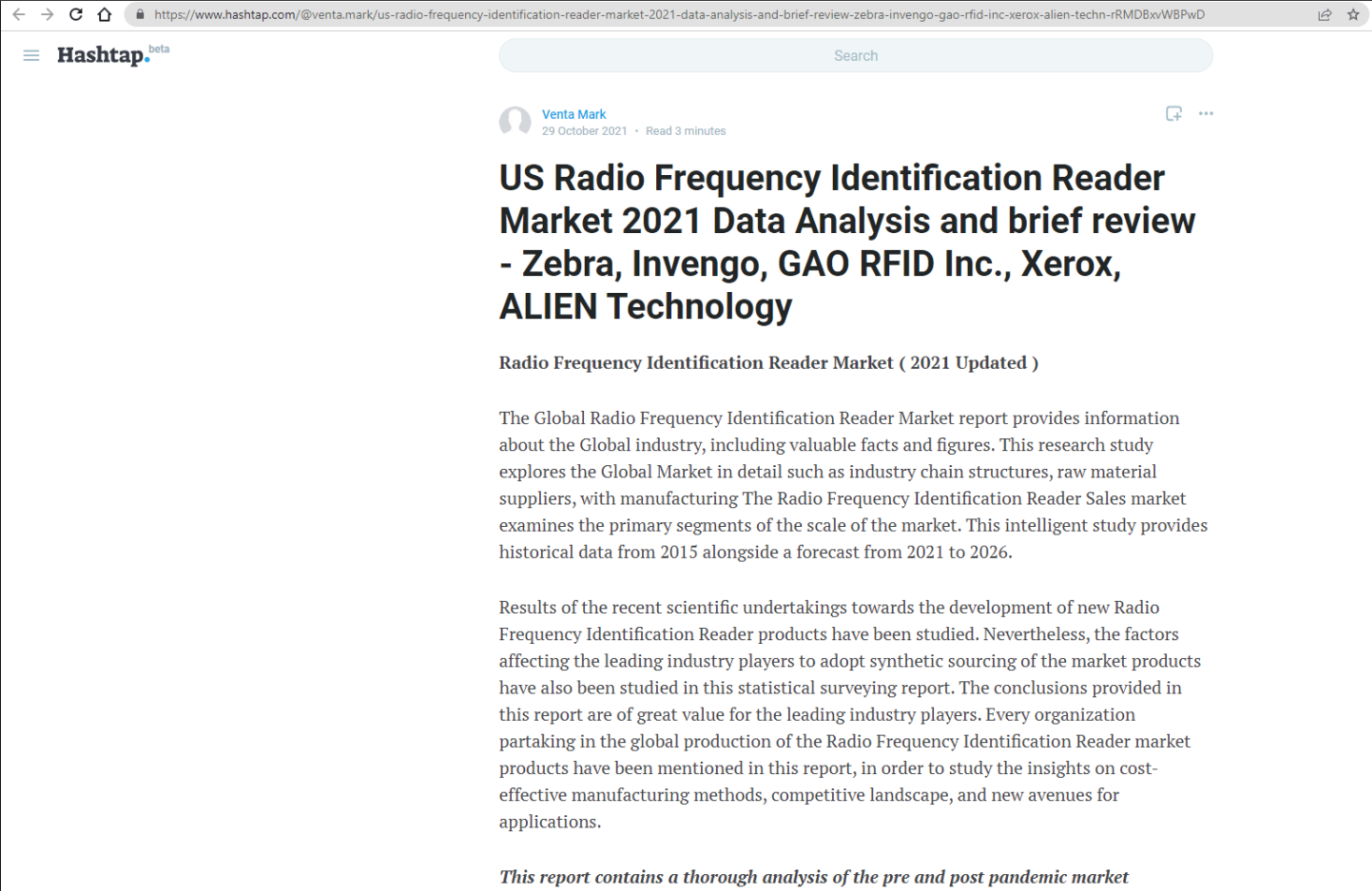 美国射频识别读写器市场2021年数据分析与简要回顾——斑马技术、英维格、GAO RFID公司、施乐、外星科技