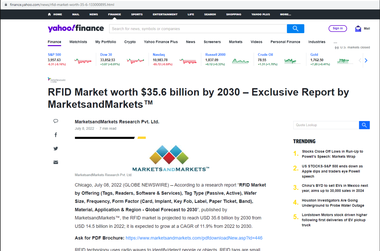 RFID市场价值356亿美元到2030年，独家报告MarketsandMarkets™  必应词典